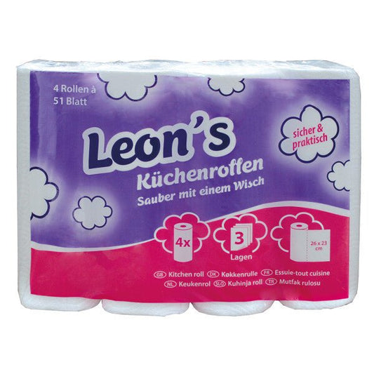 LEON'S Küchenrollen 3 - lagig hochweiß 8x4 Rollen 32x51 Blatt - Handpapier - Shop Stuebchenrhein